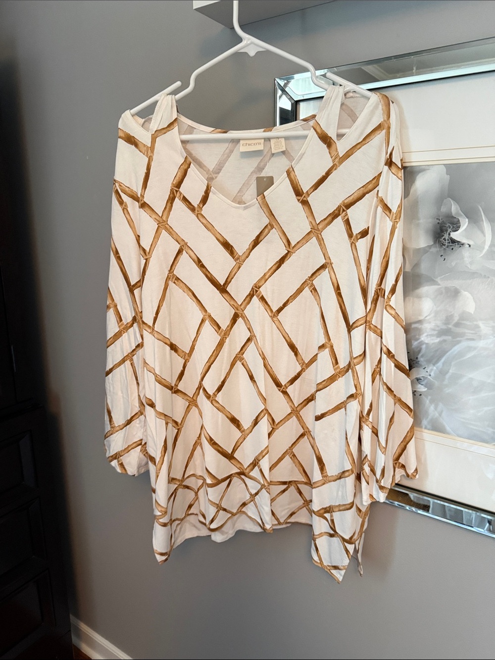 Chico's White V-Neck Top with Brown Lattice Pattern